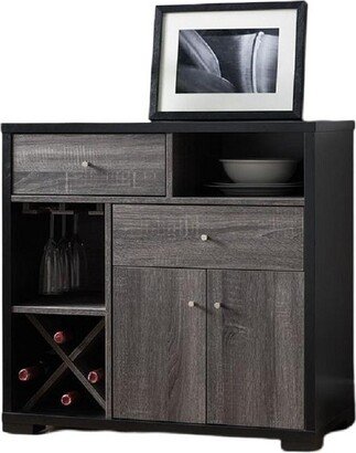 Two-Tone Buffet Table with Stemware Racks, 2 Drawers, 1 Cabinet, and 4 Wine Slots in Distressed Grey and Black Finish