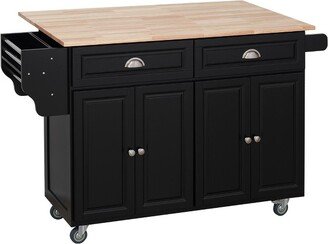 HOMCOM Rolling Kitchen Island on Wheels, Kitchen Cart with Solid Wood Drop Leaf Breakfast Bar, Storage Drawers, 4-Door Cabinets, Spice Rack, Black