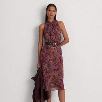 Ralph Lauren Paisley Crinkle Georgette Tie-Neck Dress