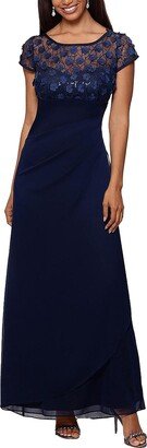 Petites Womens Illusion Long Evening Dress