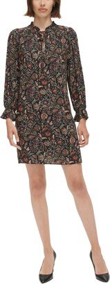 Petite Printed Ruffled Long-Sleeve Dress