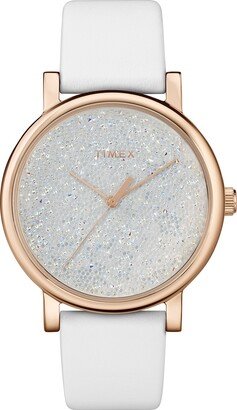 Women's Crystal Opulence 38mm Dress Watch – Rose Gold-Tone Case White DIal with White Genuine Leather Strap