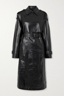 Adriana Double-breasted Belted Leather Trench Coat - Black