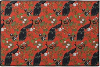 Door Mats: Peacock Garden - Red Door Mat, Red