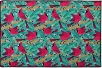 Door Mats: Winter Solstice Cardinals - Green Door Mat, Green