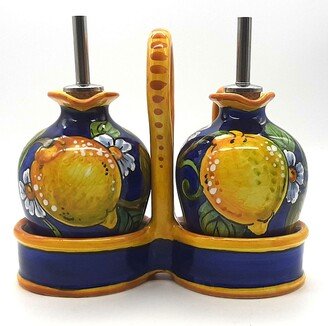 Italian Ceramic Olive Oil Vinigar Dispenser Bottles - Hand Painted Cruest Lemon Design Made in Italy Tuscany Pottery