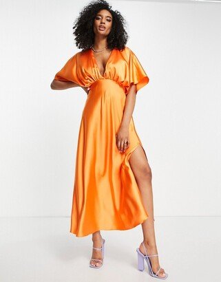 wrap front batwing sleeve satin midi dress in orange