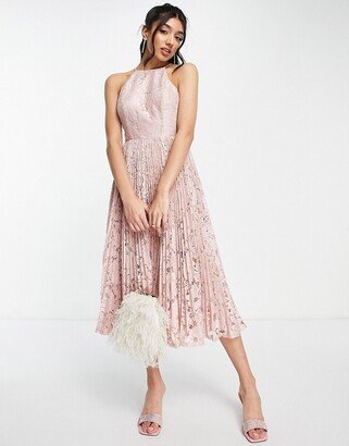 pinny midi prom dress with pleated lace in blush