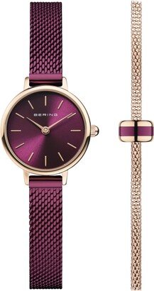 Women's Purple Stainless Steel Mesh Strap Watch Set 22mm