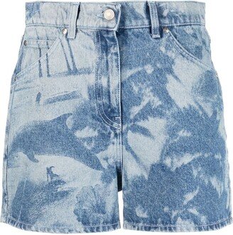 Graphic-Print Denim Shorts-AA