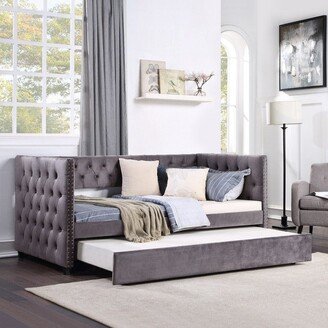 AOOLIVE Twin Daybed with Trundle, Tufted Bed with Nailhead Trim, Grey