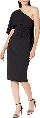 Midi Scuba Crepe One Shoulder Cape (Black) Women's Dress