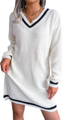 Costaric Womens White Casual V Neck Slim Fit Ribbed Knit Pullover Midi Dresses White Long Sleeve Color Block Sweater Dress