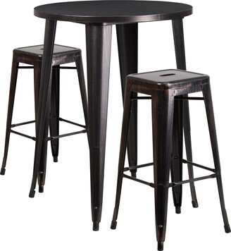 30'' Round Metal Indoor-Outdoor Bar Table Set with 2 Square Seat Backless Stools - 30