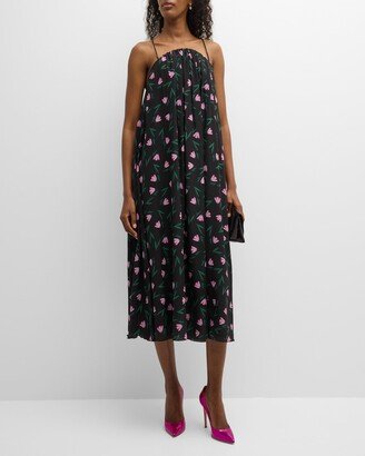 Sleeveless Floral-Print Silk Midi Shift Dress