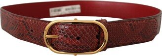 Red Exotic Leather Gold Oval Buckle Women's Belt