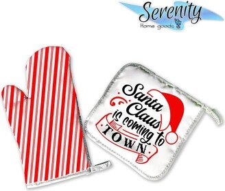 Santa Claus Is Coming To Town | Decorative Kitchen Hot Plate Pot Holder Oven Mitt Set Christmas Hat