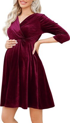 FUNJULY Maternity Dress Women's Velvet Retro V-Neck Flowy Swing A-Line Casual Knee Length Babyshower Dress Wine Red L