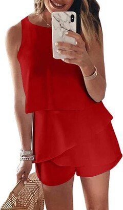 Addkaka Womens Crew Neck Sleeveless Rompers Ruffle Jumpsuits One-Piece Short Jumpsuits Red Large