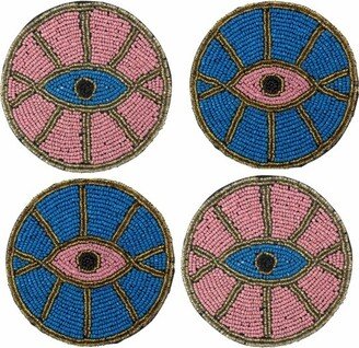 Pink & Blue Evil Eye Hand Embroidered Glass Bead Coasters, Set of 8