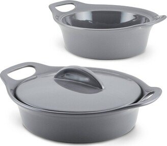 Solid Glaze Ceramic 3pk Round Casserole Set with Shared Lid Dark Gray