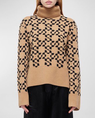SIMKHAI Charlenne Wool-Cashmere Logo Pattern Turtleneck Sweater