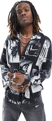 Relaxed Fit Grunge Print Bowling Shirt