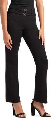 Juniors' Double-Belted Ponte-Knit Flare Pants