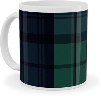 Mugs: Dark Green Plaid Ceramic Mug, White, 11Oz, Green