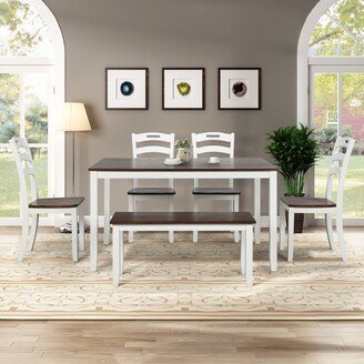 Sunmory 6 Piece Dining Table Set with Bench, Table Set with Waterproof Coat, Ivory and Cherry