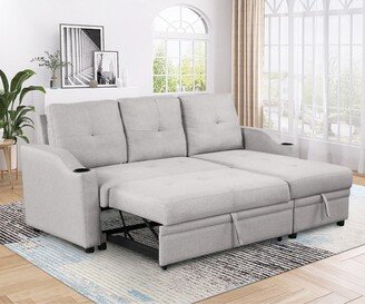 RASOO Pull Out Sofa Bed Upholstered Sleeper Sofa with Storage Chaise & Cup Holder