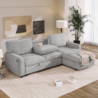 IGEMAN L-Shaped Sleeper Sectional Sofa Pull-Out Upholstered Sofa Bed with Storage Chaise with USB Port and Cup Holders on Back Cushions