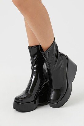 Women's Faux Patent Leather Wedge Booties in Black, 8