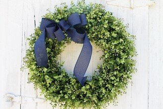 Farmhouse Boxwood Wreath, Front Door Summer Wreath With Navy Blue Bow, Year Round Outdoor All Season