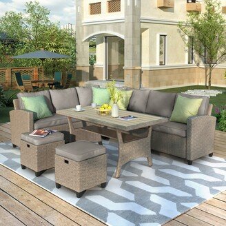 GREATPLANINC Patio Furniture Sectional Sofa Set 5 Piece Outdoor Conversation Set, Dining Table Chair Set with Ottoman and Throw Pillows