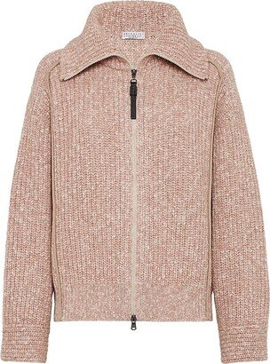 Sparkling Chiné Cardigan In Soft Virgin Wool, Cashmere And Mohair With Piping And Shiny Zipper Pull