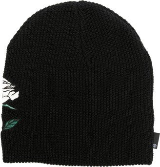 Rose-Embroidered Ribbed-Knit Beanie