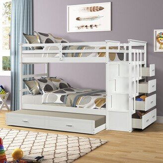 Calnod Solid Wood Bunk Bed, Hardwood Twin Over Twin Bunk Bed with Trundle and Staircase