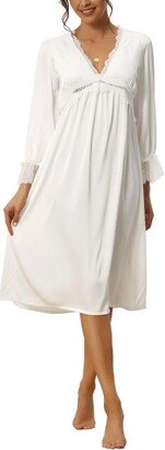 cheibear Women' Satin Long Sleeve Lace V-Neck Nightgown Pajama Dre White Medium