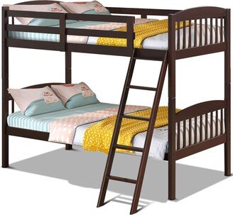 Tangkula Twin Over Twin Bunk Beds Hardwood Convertible into 2 Individual Kid Bed Ladder White/ Espresso
