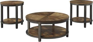 Round Metal Frame Table Set with Wooden Top and Open Bottom Shelf, Brown