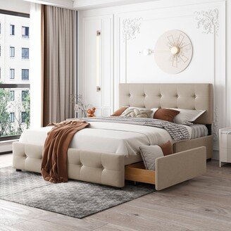 Upholstered Platform Bed with Classic Headboard and 4 Drawers