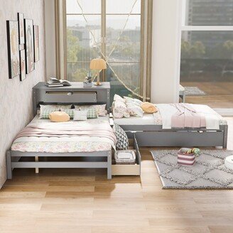 GEROJO Modern Style Full Size L-shaped Platform Beds with Twin Size Trundle and Drawers Linked with Built-in Rectangle Table