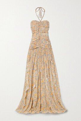 Lucine Ruched Paisley-print Silk-chiffon Maxi Dress - Yellow