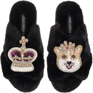 Laines London Classic Laines Slippers With Artisan Sandy The Corgi & Royal Crown Brooches - Black