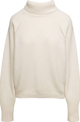 White Turtle Neck Sweater With Perforated Details In Cashmere Blend Woman