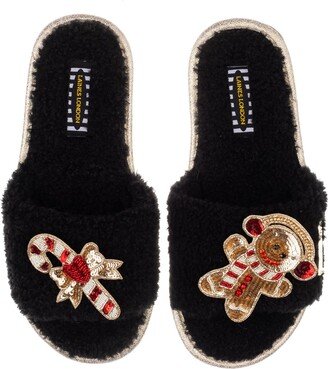 Laines London Teddy Towelling Slipper Sliders With Christmas Gingerbread & Candy Cane Brooches - Black