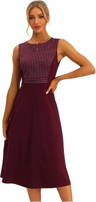 Allegra K Women' Striped Crew Neck Sleevele A-Line Midi Work Office Dre Burgundy Medium