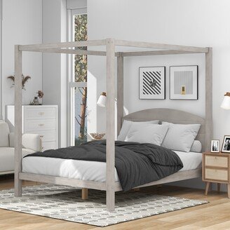 TOSWIN Queen Size Canopy Platform Bed with Headboard, Wood 4-Post Canopy BedFrame