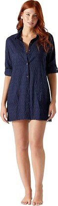 Cotton Clip Jacquard Boyfriend Shirt (Mare Navy) Women's Swimwear